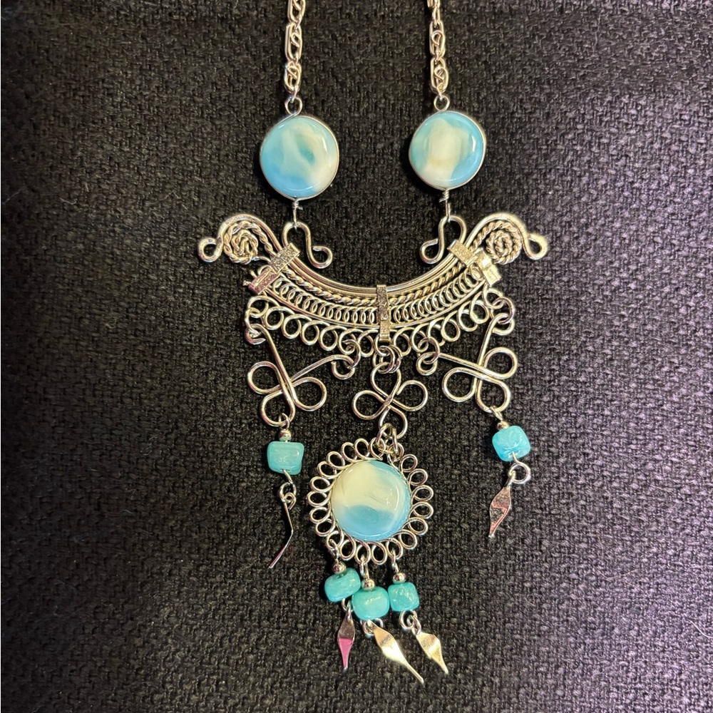 Ornate wire/blue necklace